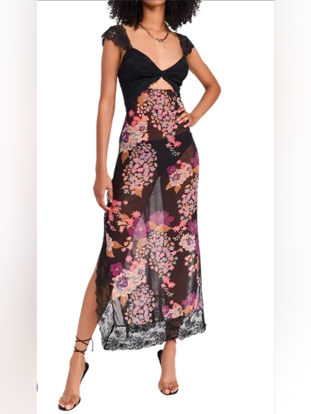 Free People Suddenly Fine Women’s Sheer Black Floral Cutout Maxi Slip Dress Sz L